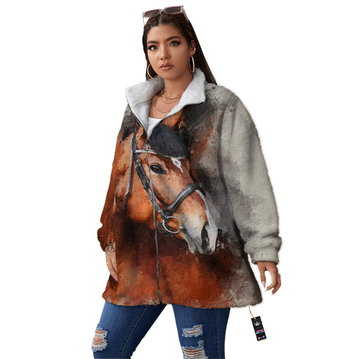 Painting Brown Horse Print Women's Sherpa Jacket-grizzshop
