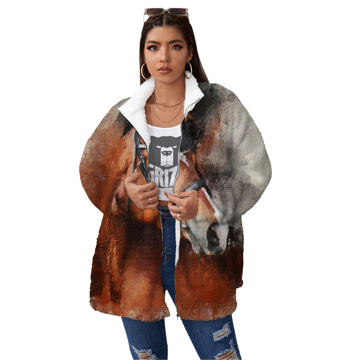 Painting Brown Horse Print Women's Sherpa Jacket-grizzshop