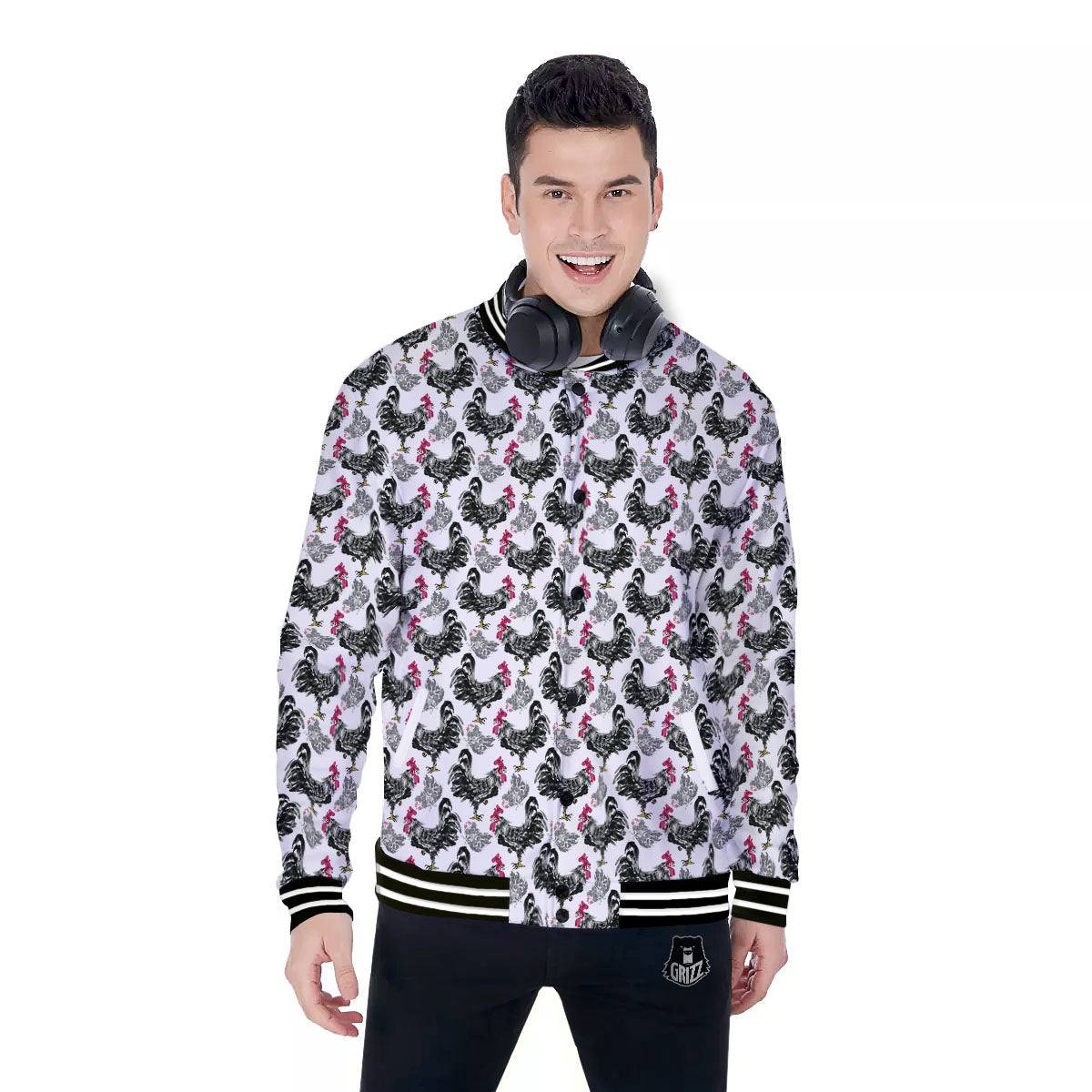 Painting Chicken Ink Print Pattern Baseball Jacket-grizzshop