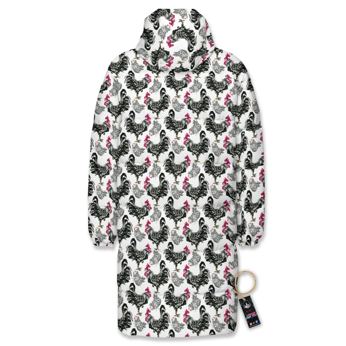 Painting Chicken Ink Print Pattern Long Down Jacket-grizzshop