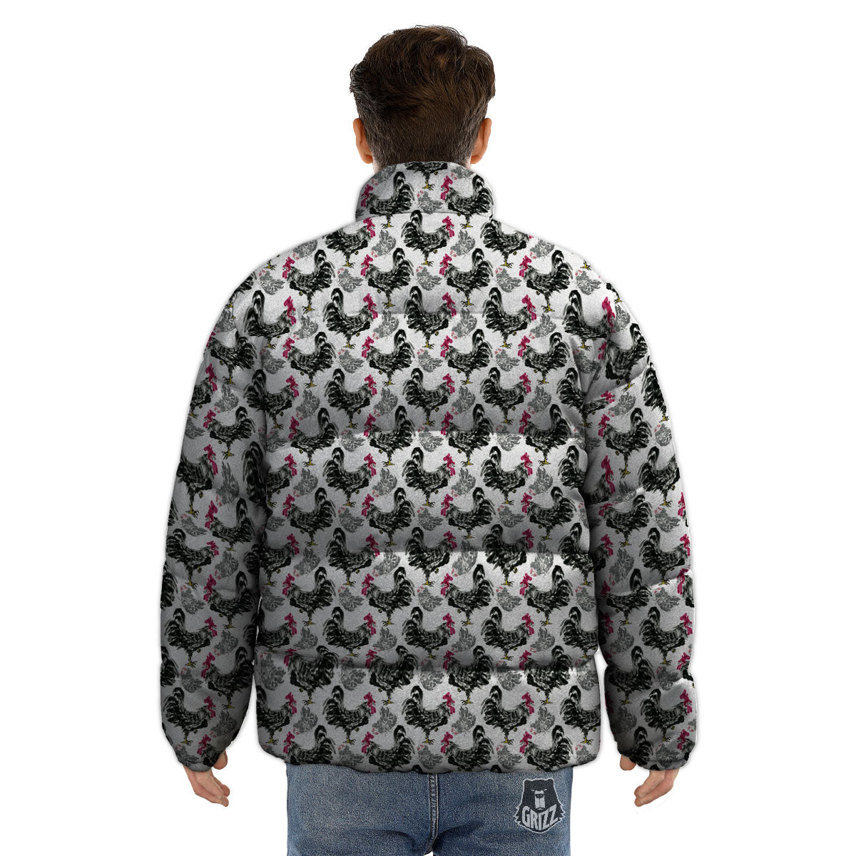 Painting Chicken Ink Print Pattern Puffer Jacket-grizzshop