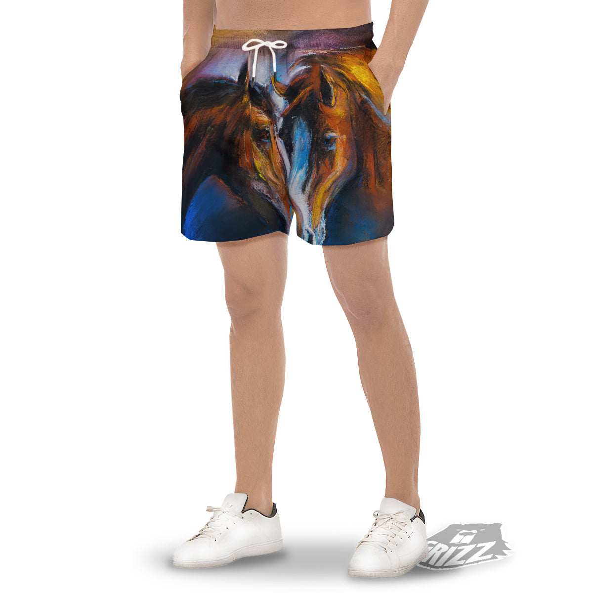 Painting Couple Horses Print Men's Gym Shorts-grizzshop
