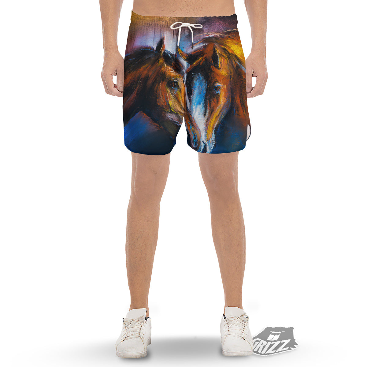 Painting Couple Horses Print Men's Gym Shorts-grizzshop