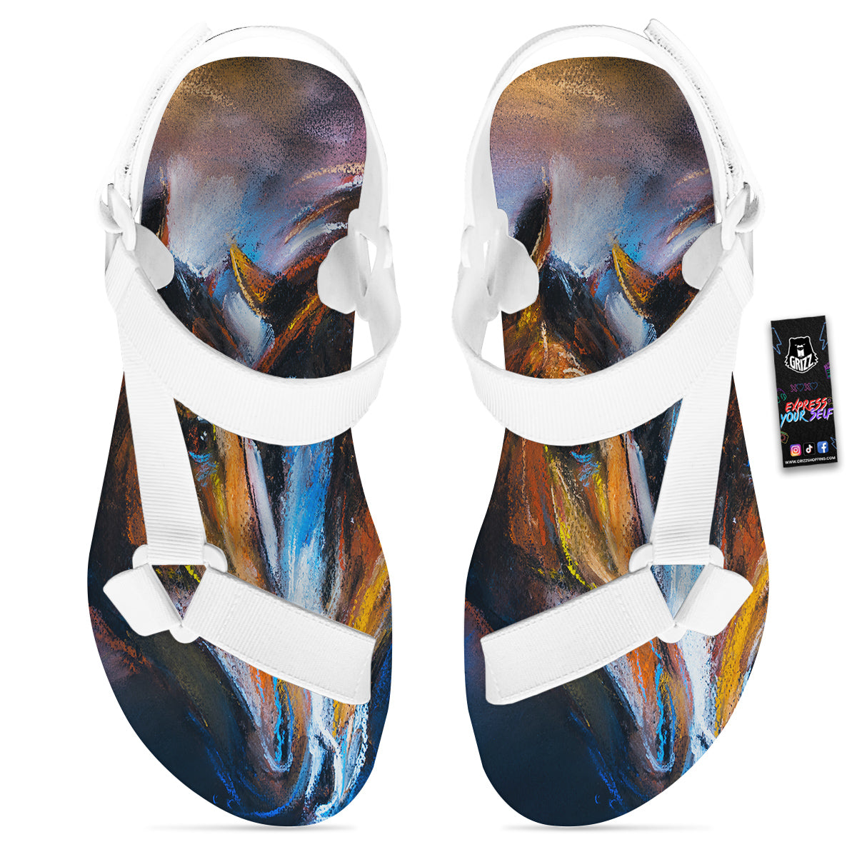 Painting Couple Horses Print White Open Toe Sandals-grizzshop
