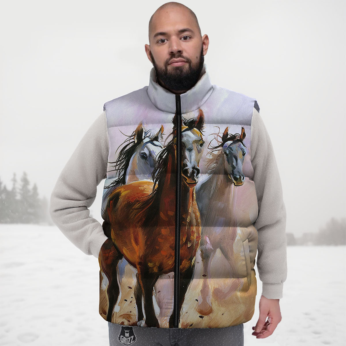 Painting Horse Vintage Print Down Vest
