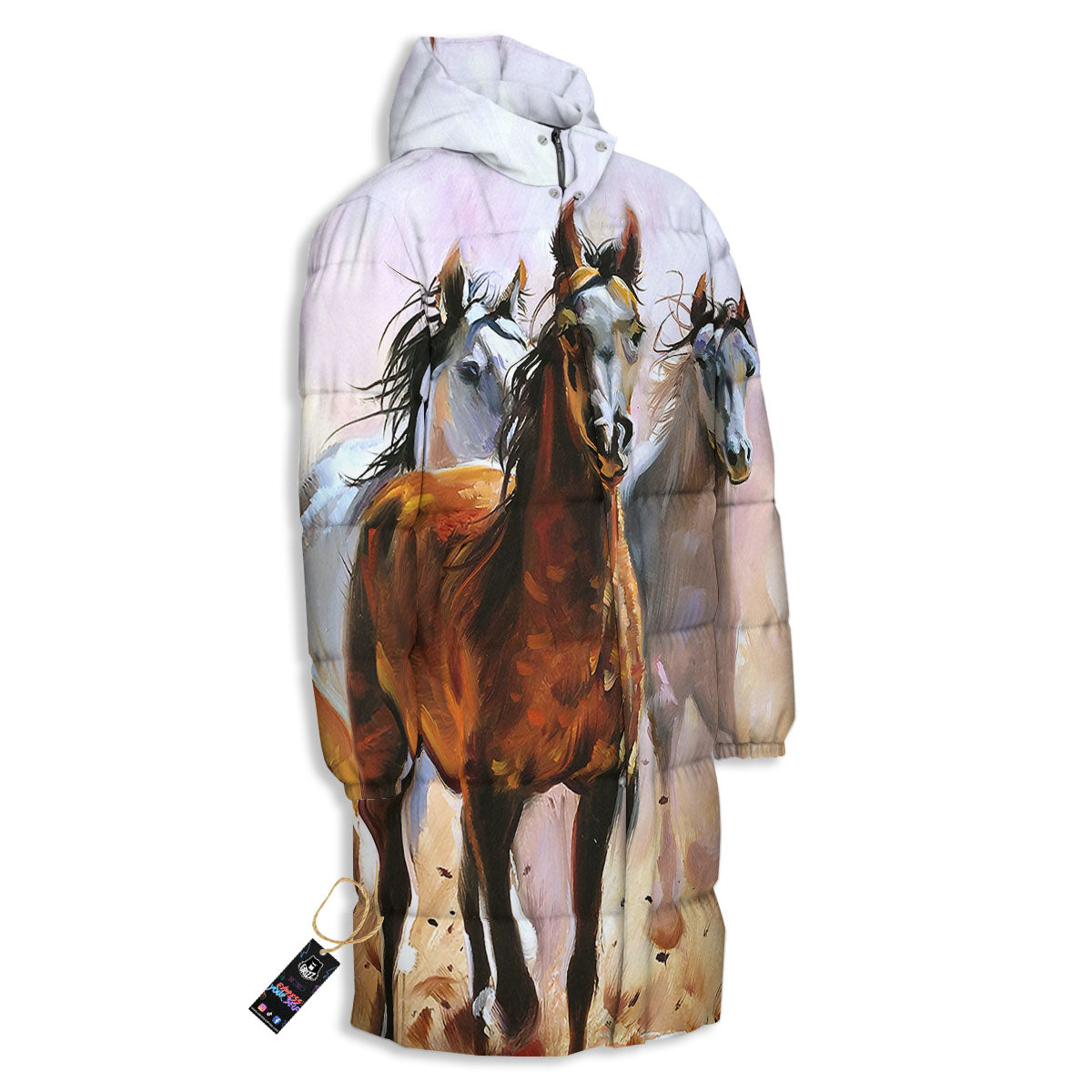 Painting Horse Vintage Print Long Down Jacket-grizzshop