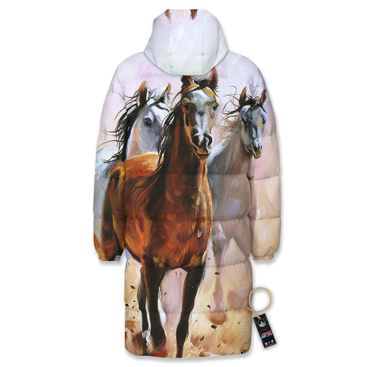 Painting Horse Vintage Print Long Down Jacket-grizzshop