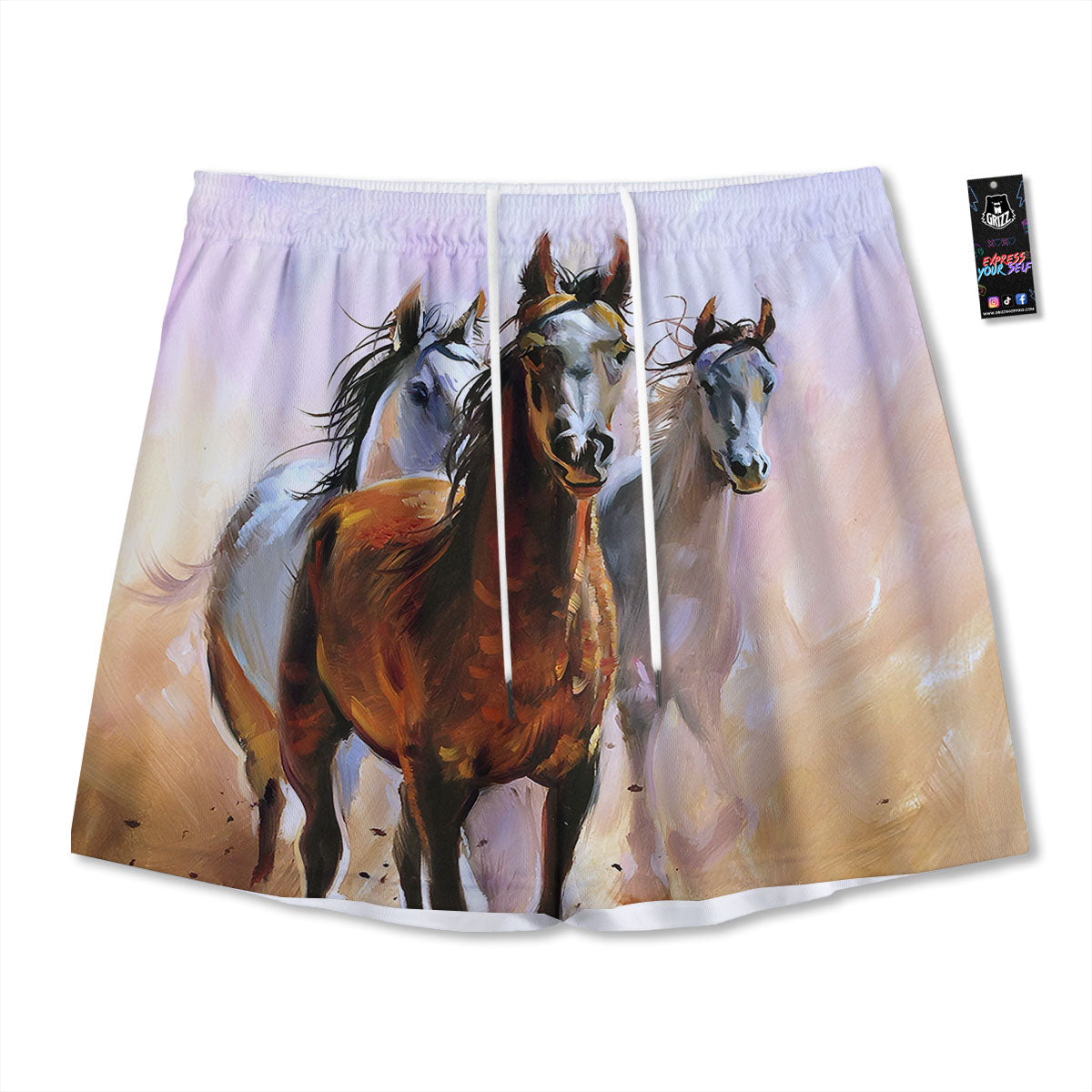 Painting Horse Vintage Print Mesh Shorts