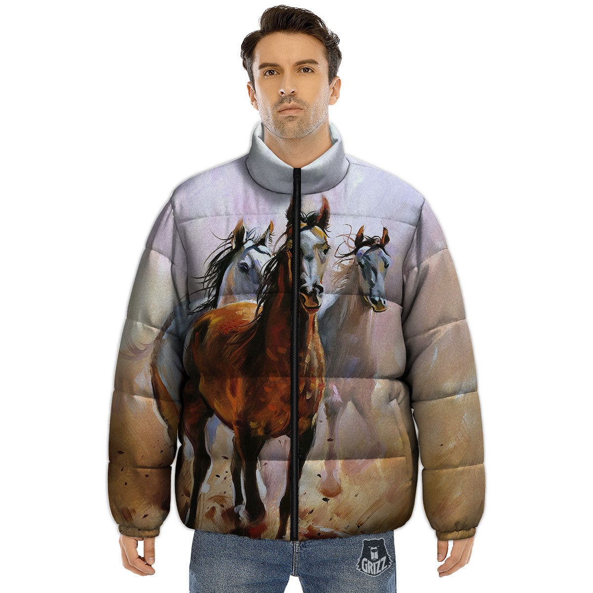 Painting Horse Vintage Print Puffer Jacket-grizzshop