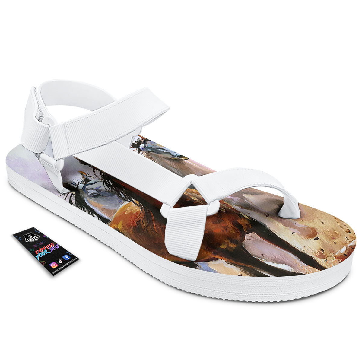 Painting Horse Vintage Print White Open Toe Sandals-grizzshop