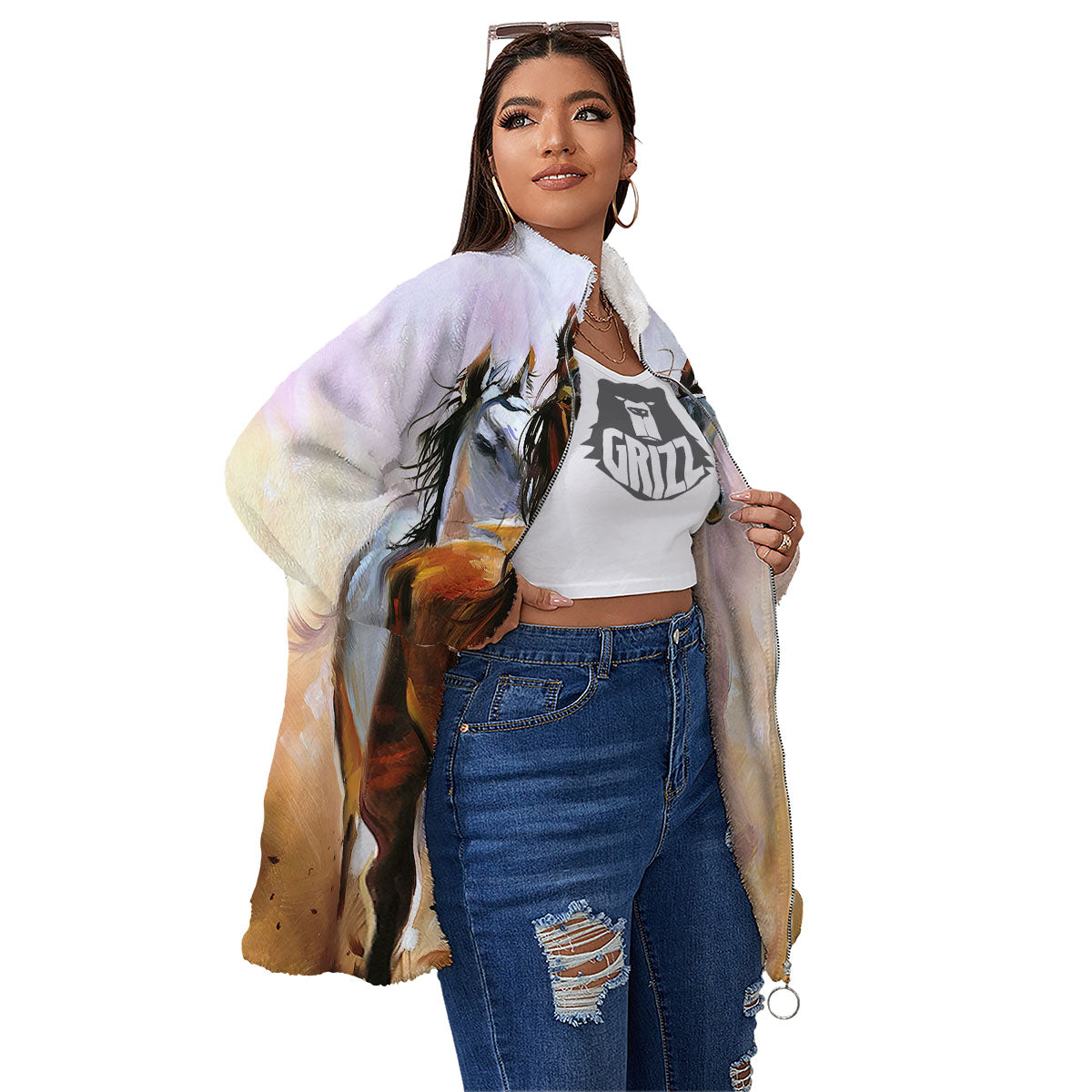 Painting Horse Vintage Print Women's Sherpa Jacket-grizzshop