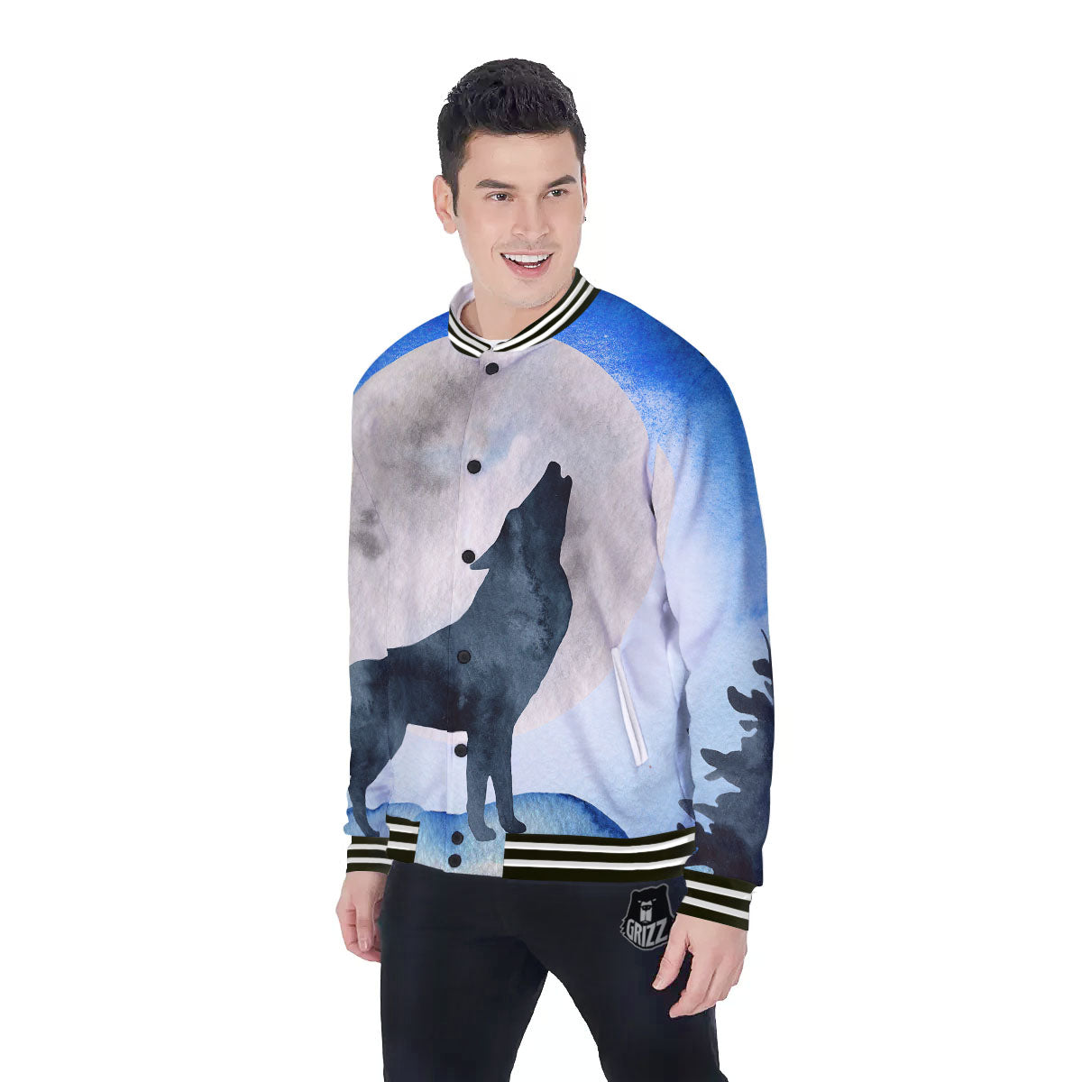 Painting Howling Wolf Snowy Print Baseball Jacket-grizzshop