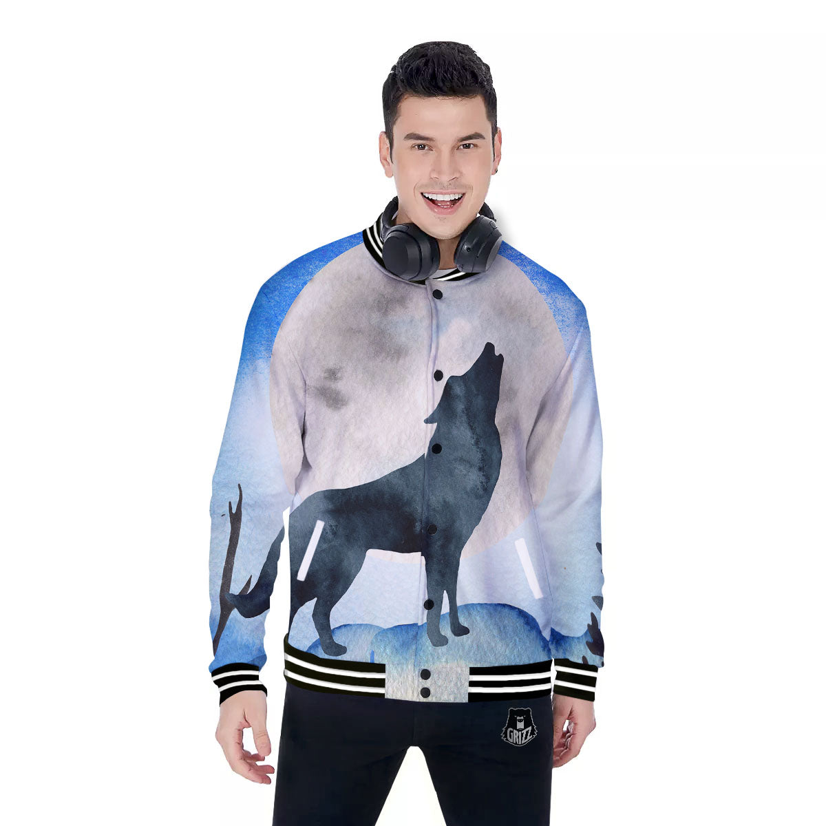 Painting Howling Wolf Snowy Print Baseball Jacket-grizzshop