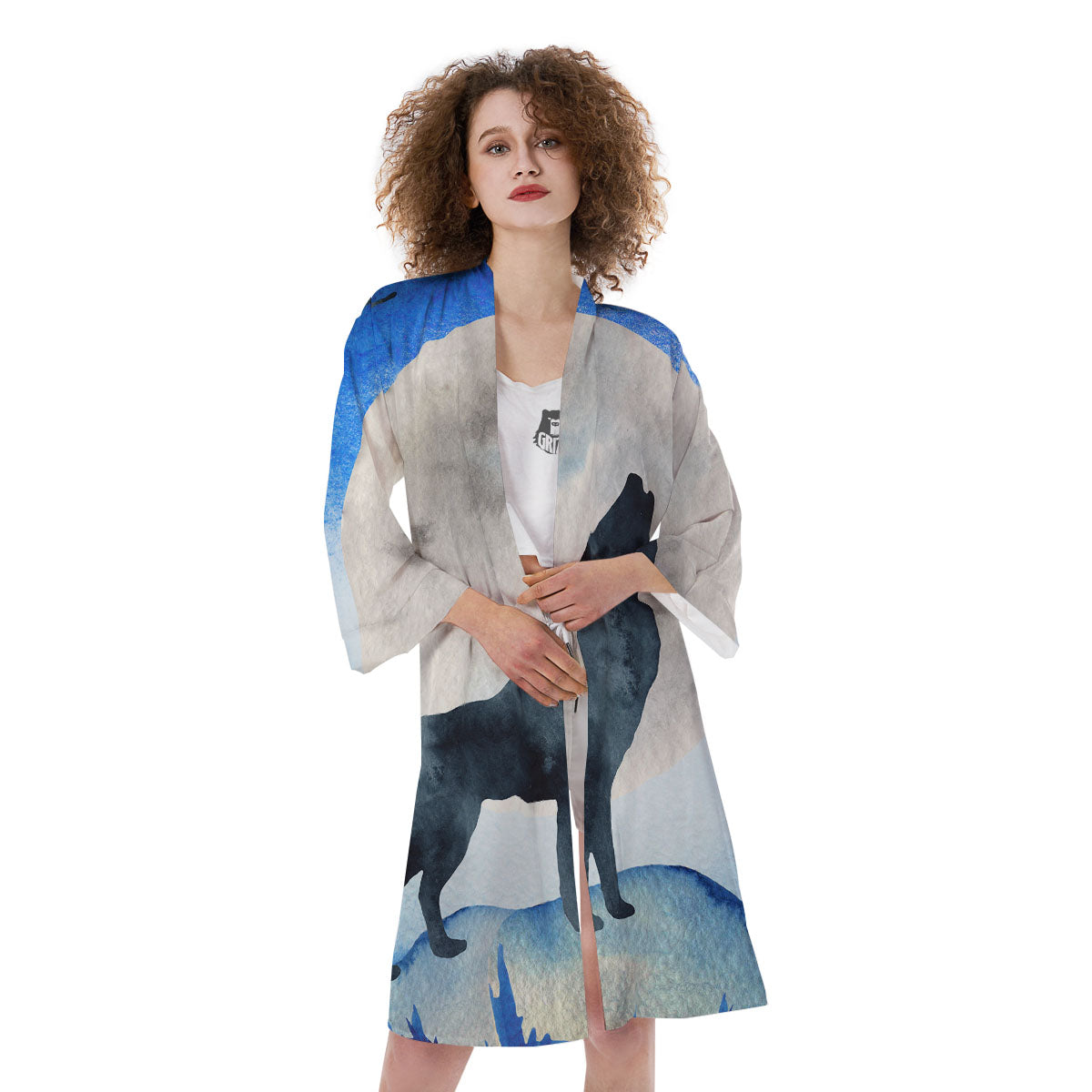 Painting Howling Wolf Snowy Print Kimono-grizzshop