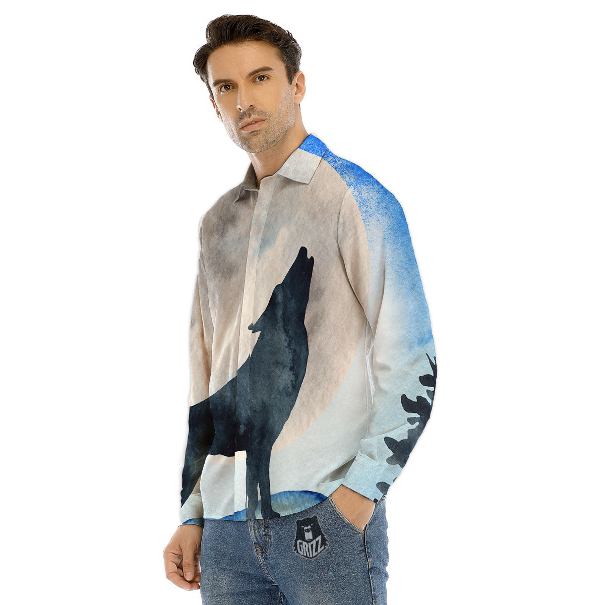 Painting Howling Wolf Snowy Print Men's Dress Shirts-grizzshop