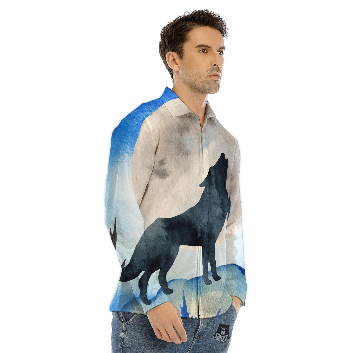 Painting Howling Wolf Snowy Print Men's Dress Shirts-grizzshop