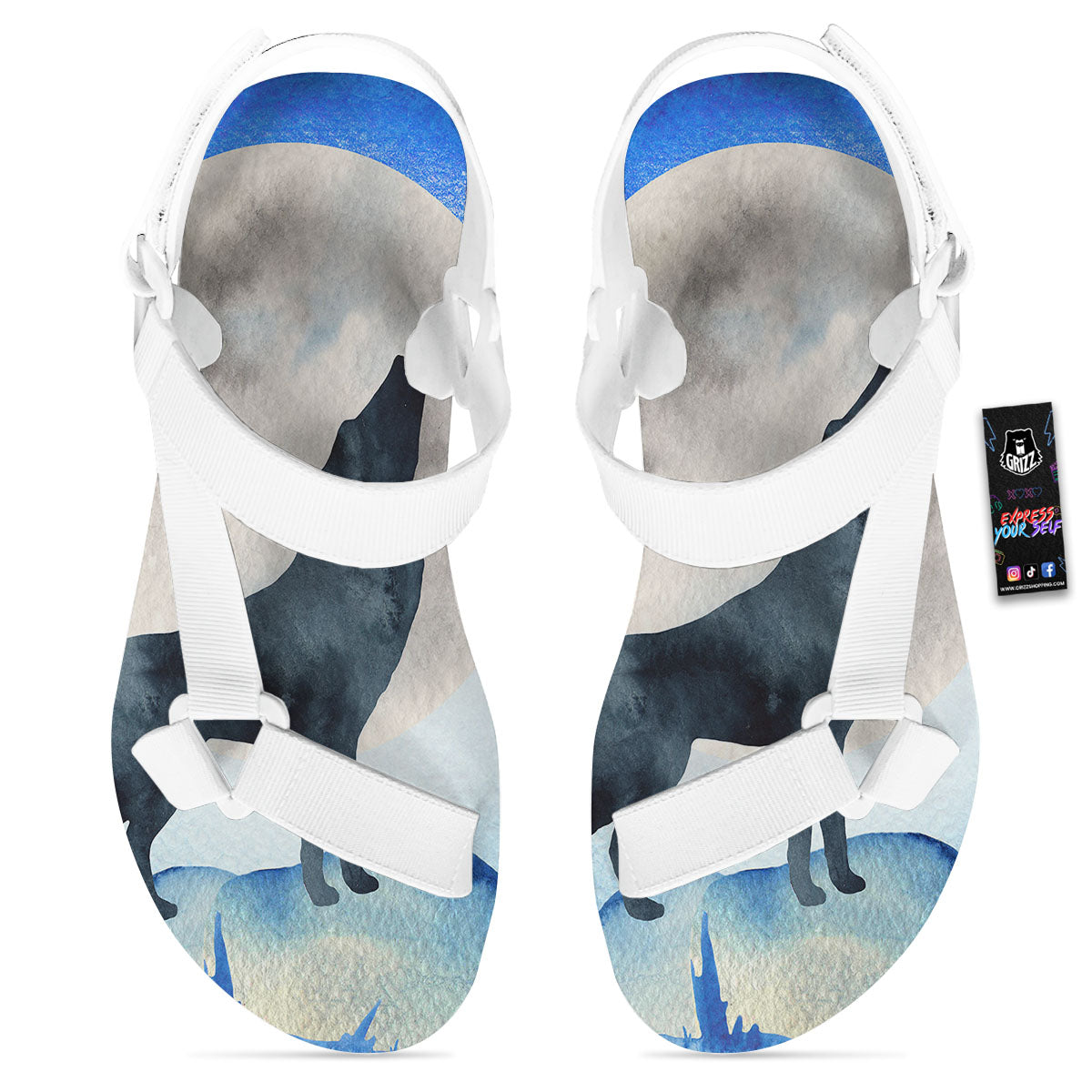 Painting Howling Wolf Snowy Print White Open Toe Sandals-grizzshop