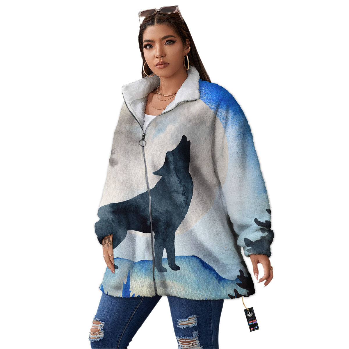 Painting Howling Wolf Snowy Print Women's Sherpa Jacket-grizzshop