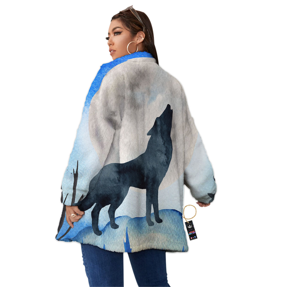 Painting Howling Wolf Snowy Print Women's Sherpa Jacket-grizzshop