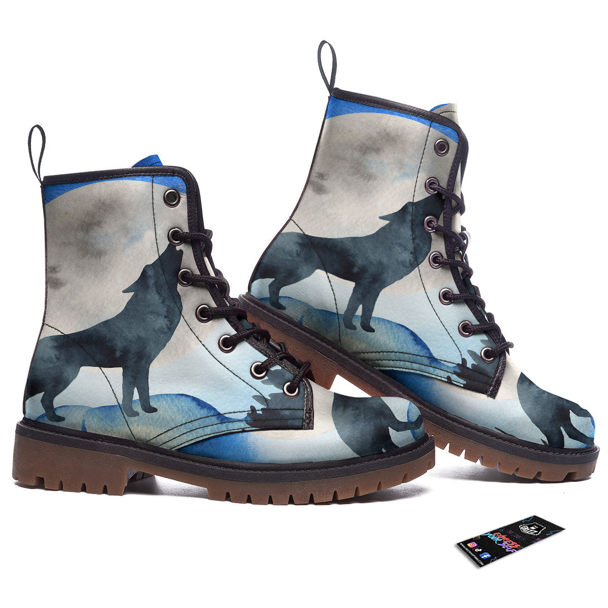 Painting Howling Wolf Snowy Print Work Boots-grizzshop