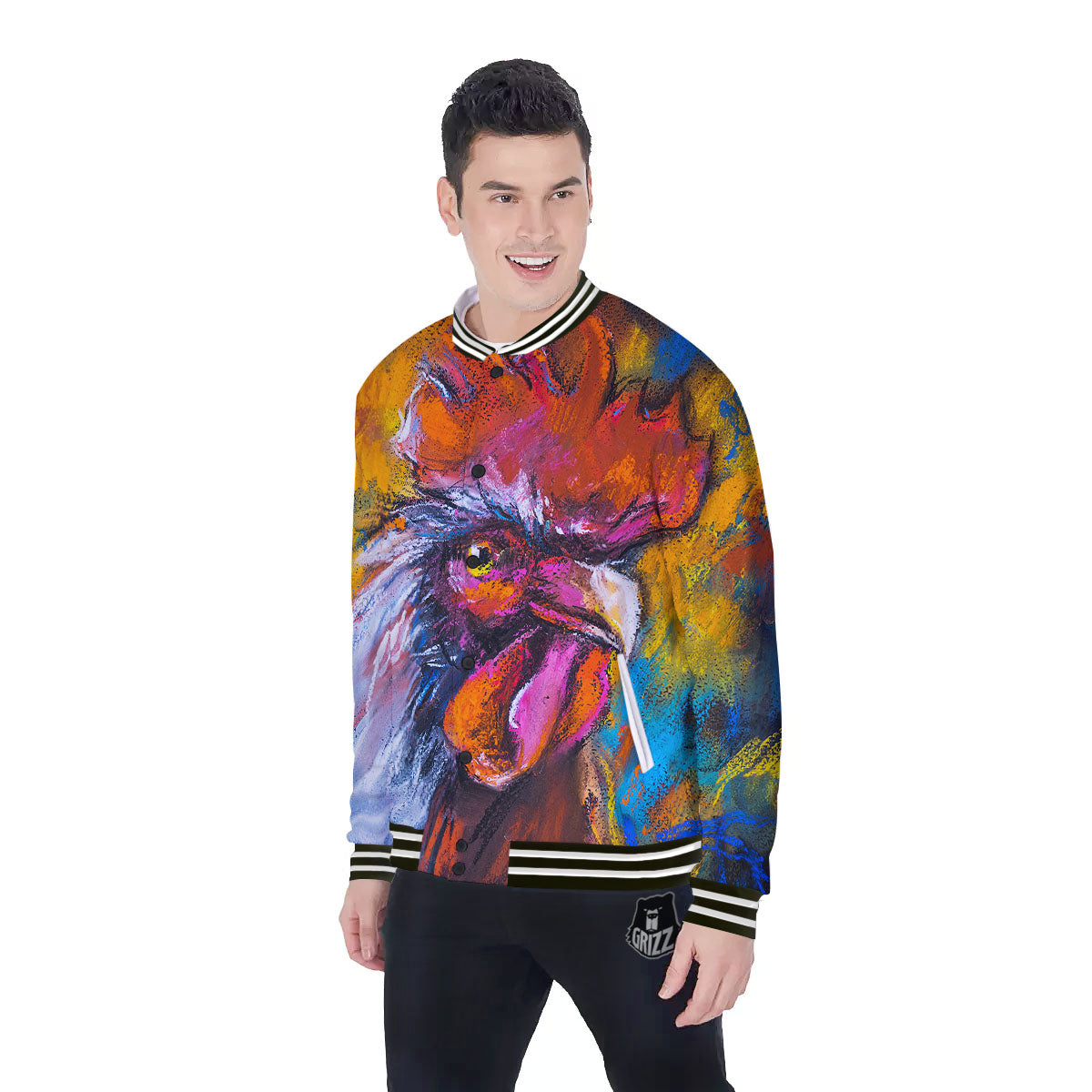 Painting Rooster Print Baseball Jacket-grizzshop