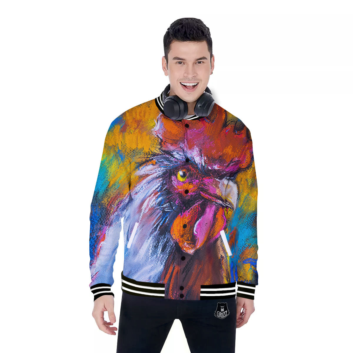 Painting Rooster Print Baseball Jacket-grizzshop