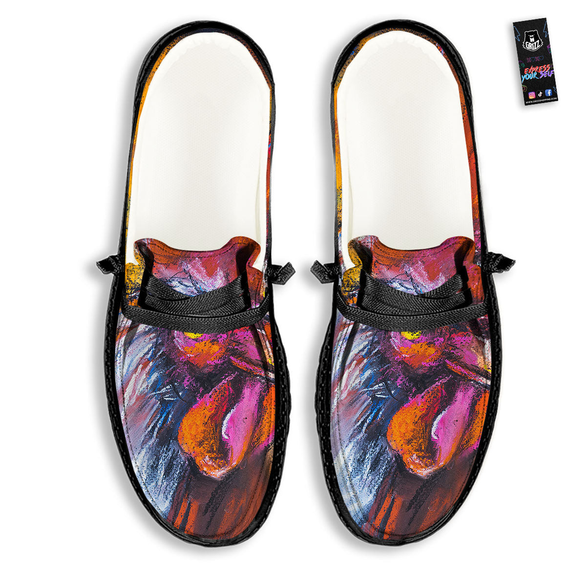 Painting Rooster Print Black Loafers-grizzshop