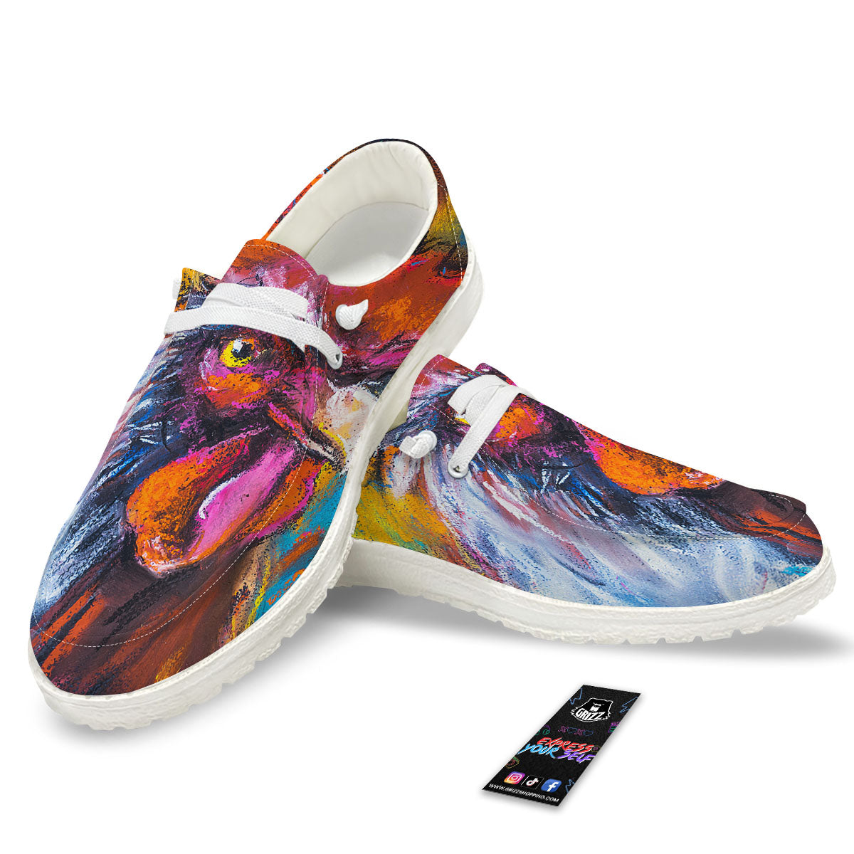 Painting Rooster Print Black Loafers-grizzshop