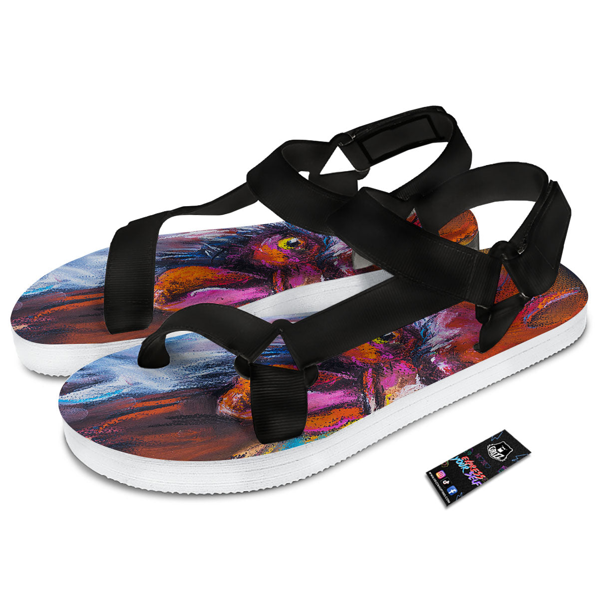 Painting Rooster Print Black Open Toe Sandals-grizzshop