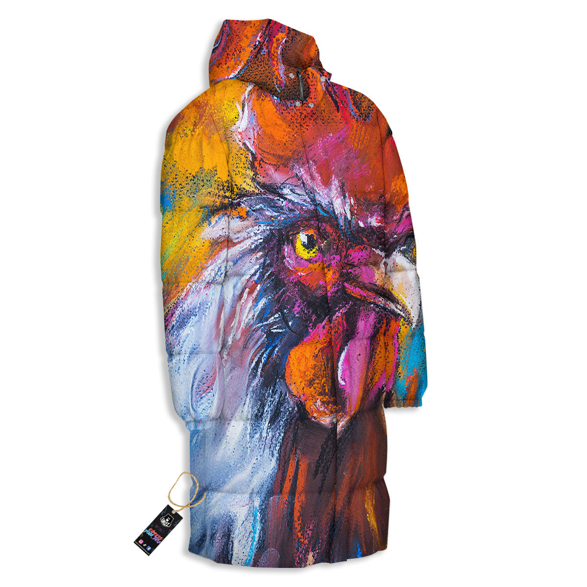 Painting Rooster Print Long Down Jacket-grizzshop
