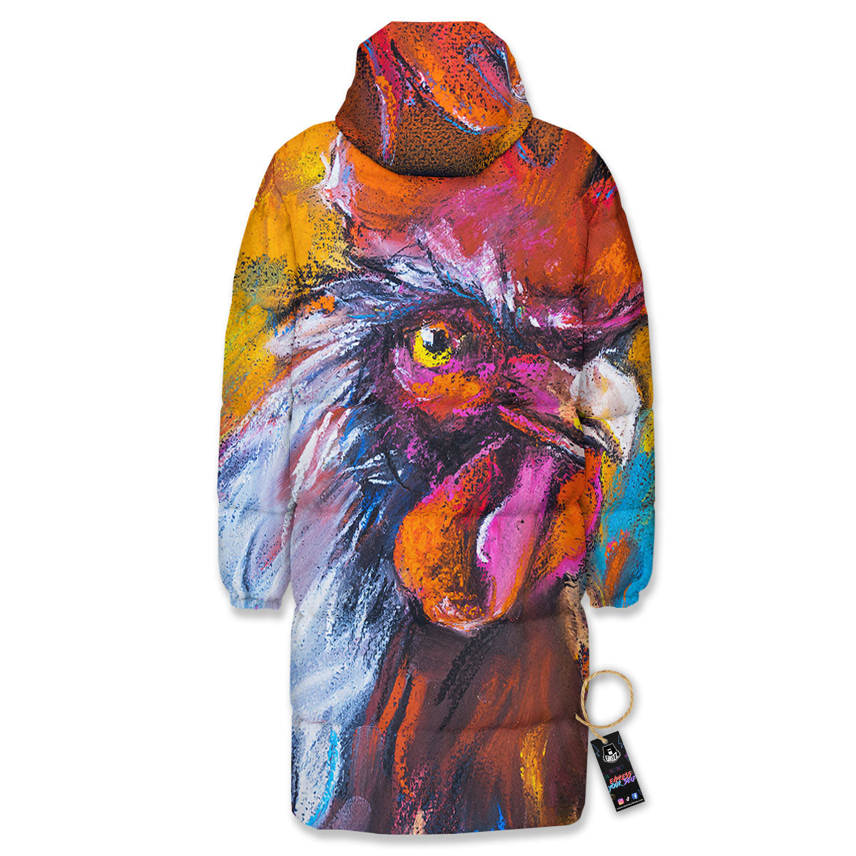 Painting Rooster Print Long Down Jacket-grizzshop