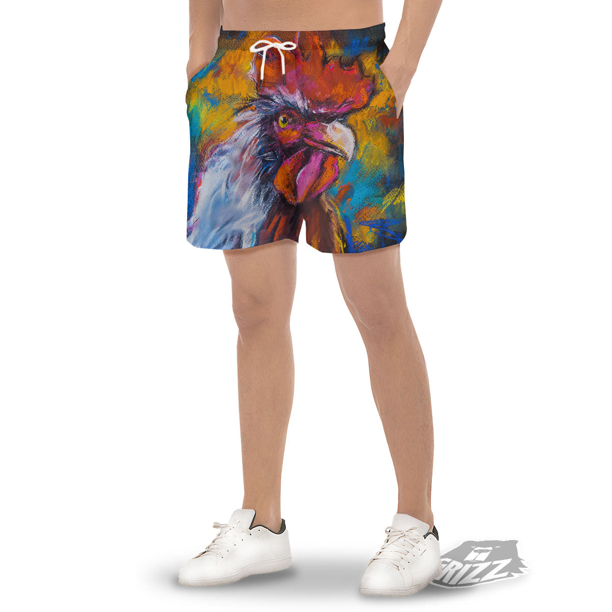 Painting Rooster Print Men's Gym Shorts-grizzshop