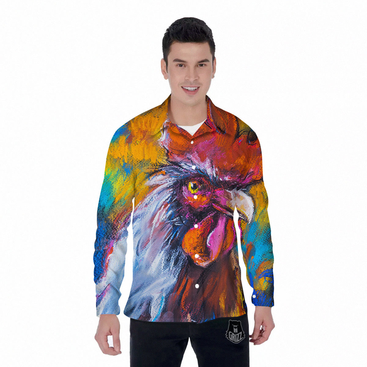 Painting Rooster Print Men's Long Sleeve Shirts-grizzshop