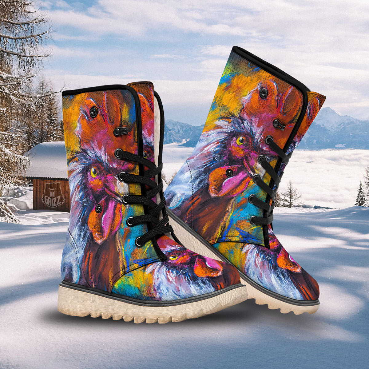 Painting Rooster Print Snow Boots-grizzshop