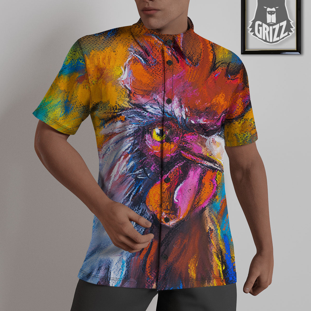 Painting Rooster Print Untucked Shirts-grizzshop