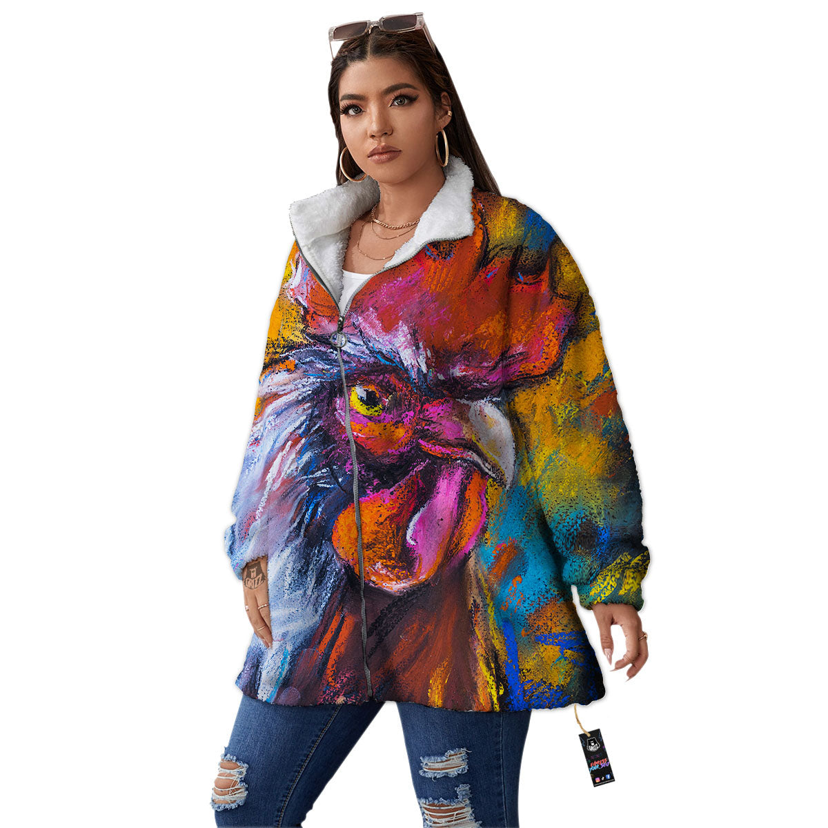 Painting Rooster Print Women's Sherpa Jacket-grizzshop