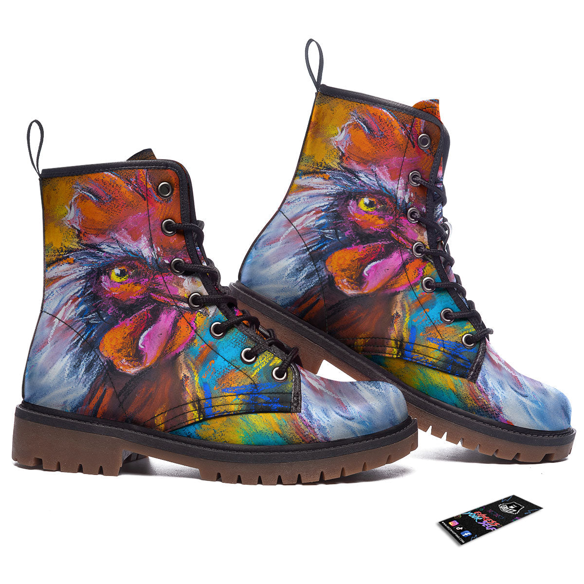 Painting Rooster Print Work Boots-grizzshop