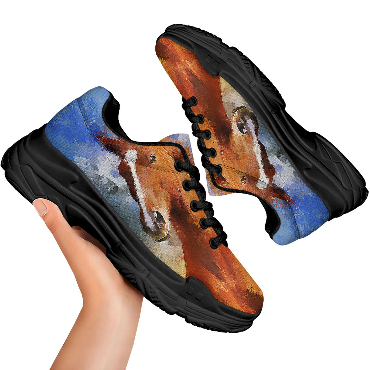 Painting Running Horses Print Black Chunky Shoes-grizzshop