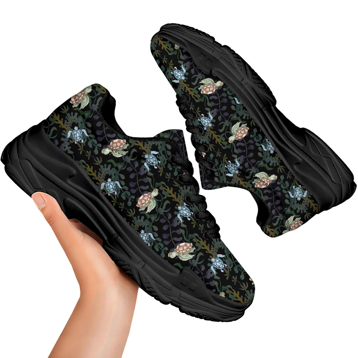 Painting Sea Turtle Print Pattern Black Chunky Shoes-grizzshop