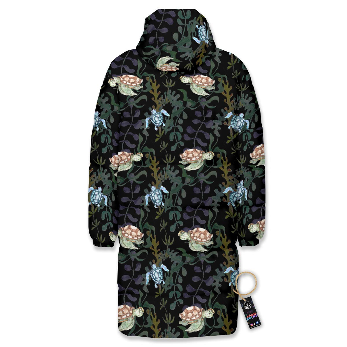 Painting Sea Turtle Print Pattern Long Down Jacket-grizzshop