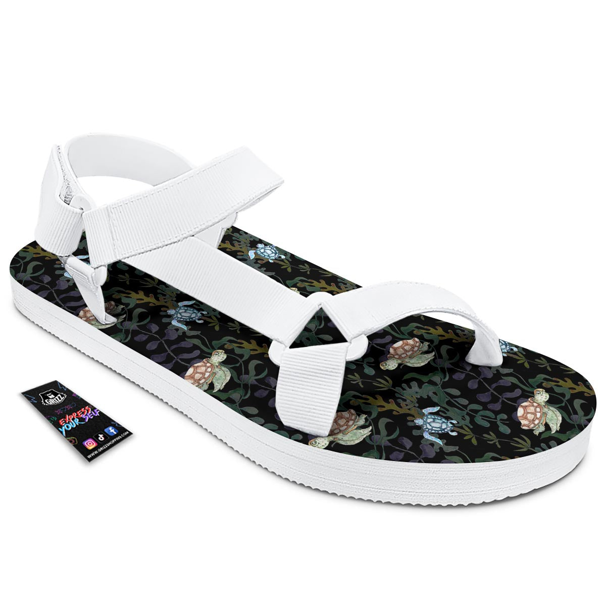 Painting Sea Turtle Print Pattern White Open Toe Sandals-grizzshop
