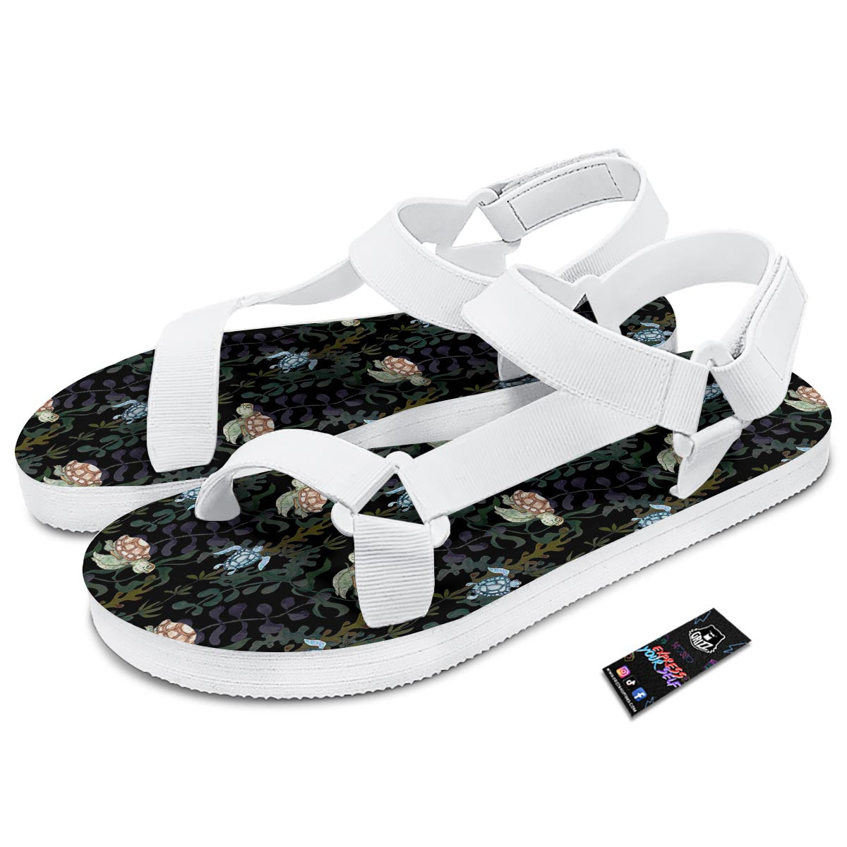 Painting Sea Turtle Print Pattern White Open Toe Sandals-grizzshop