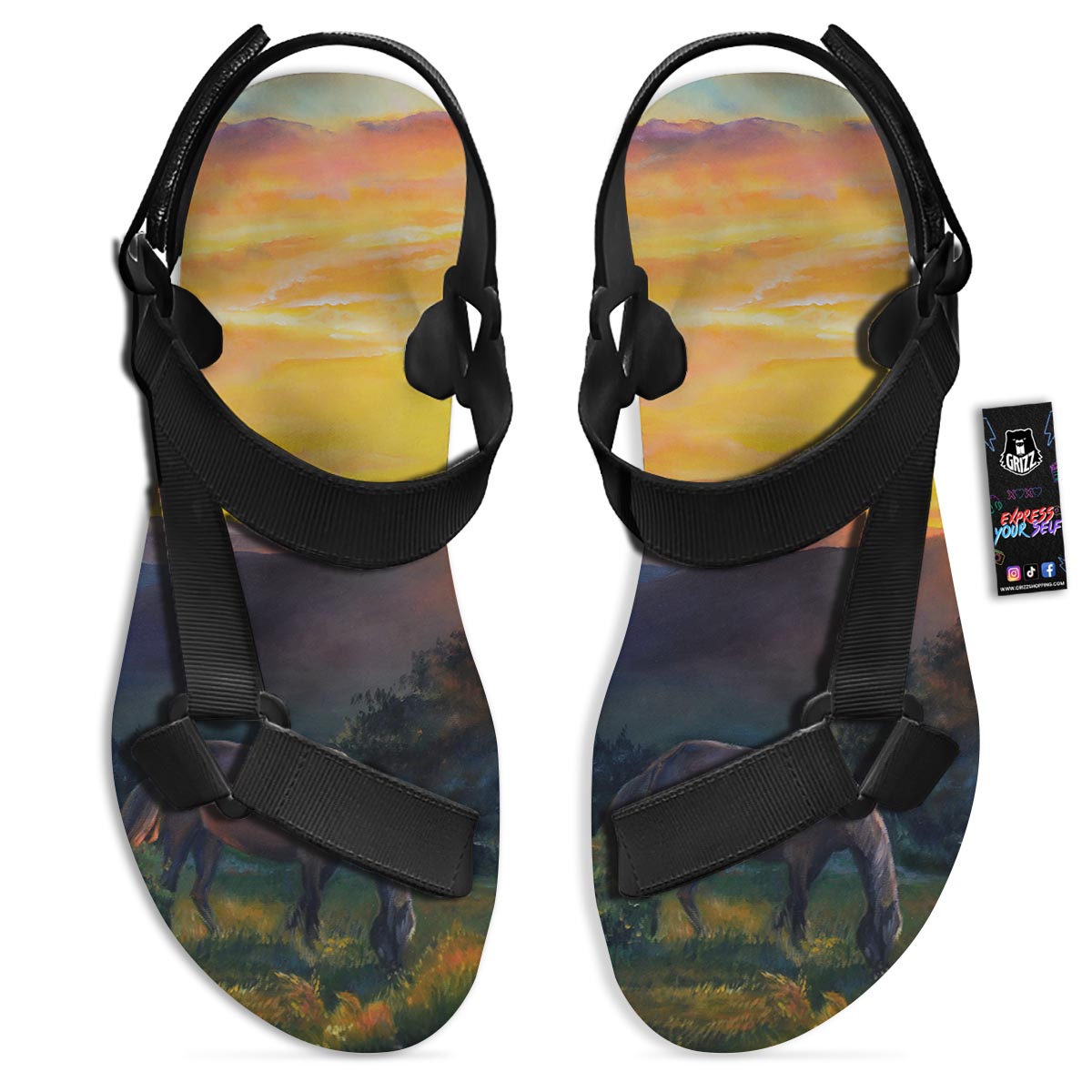 Painting Sunset Horse Print Black Open Toe Sandals-grizzshop