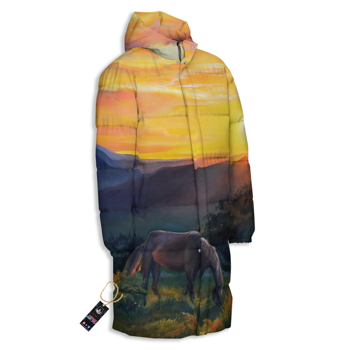 Painting Sunset Horse Print Long Down Jacket-grizzshop