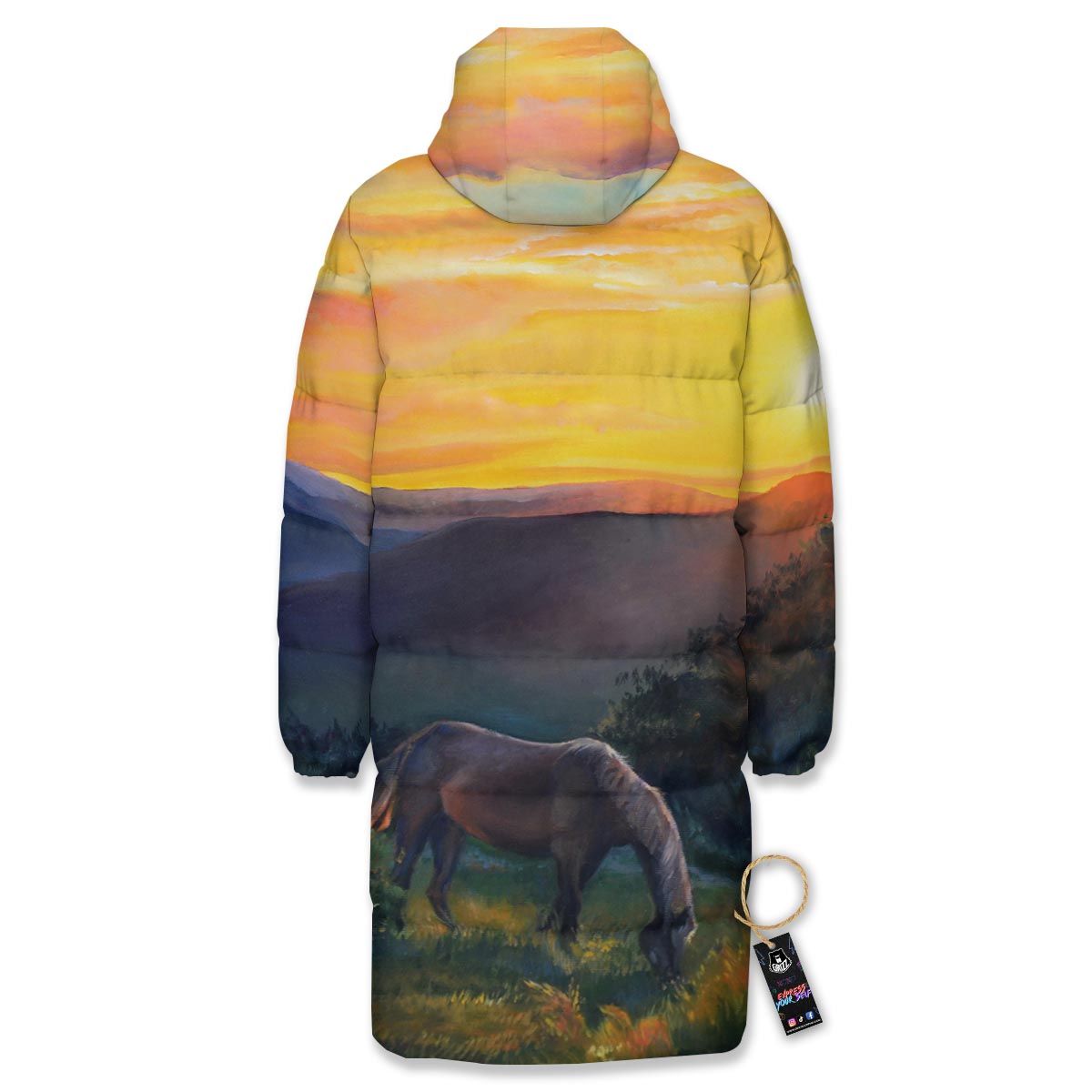 Painting Sunset Horse Print Long Down Jacket-grizzshop