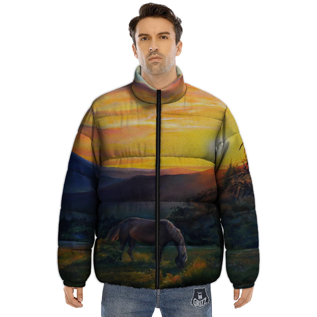 Painting Sunset Horse Print Puffer Jacket-grizzshop