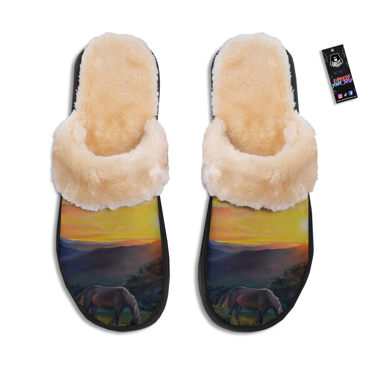 Painting Sunset Horse Print Slippers-grizzshop