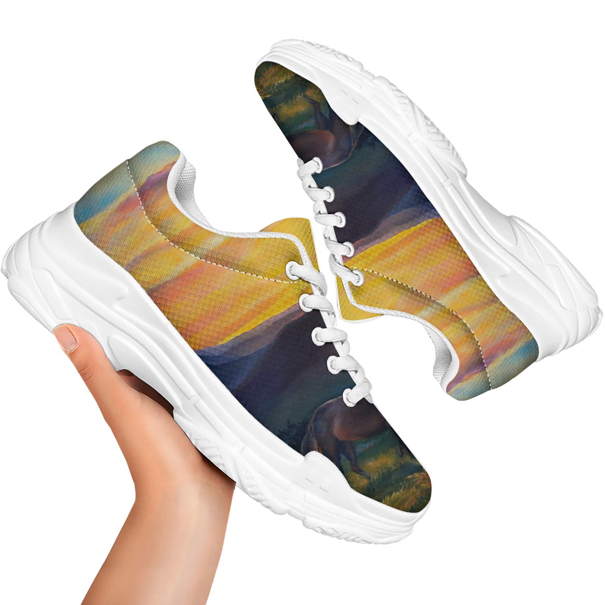 Painting Sunset Horse Print White Chunky Shoes-grizzshop