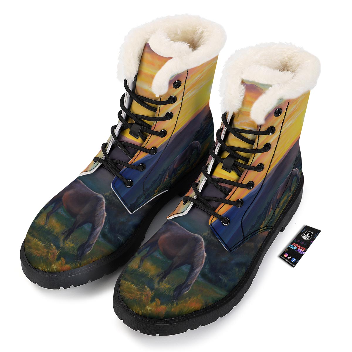 Painting Sunset Horse Print Winter Boots-grizzshop