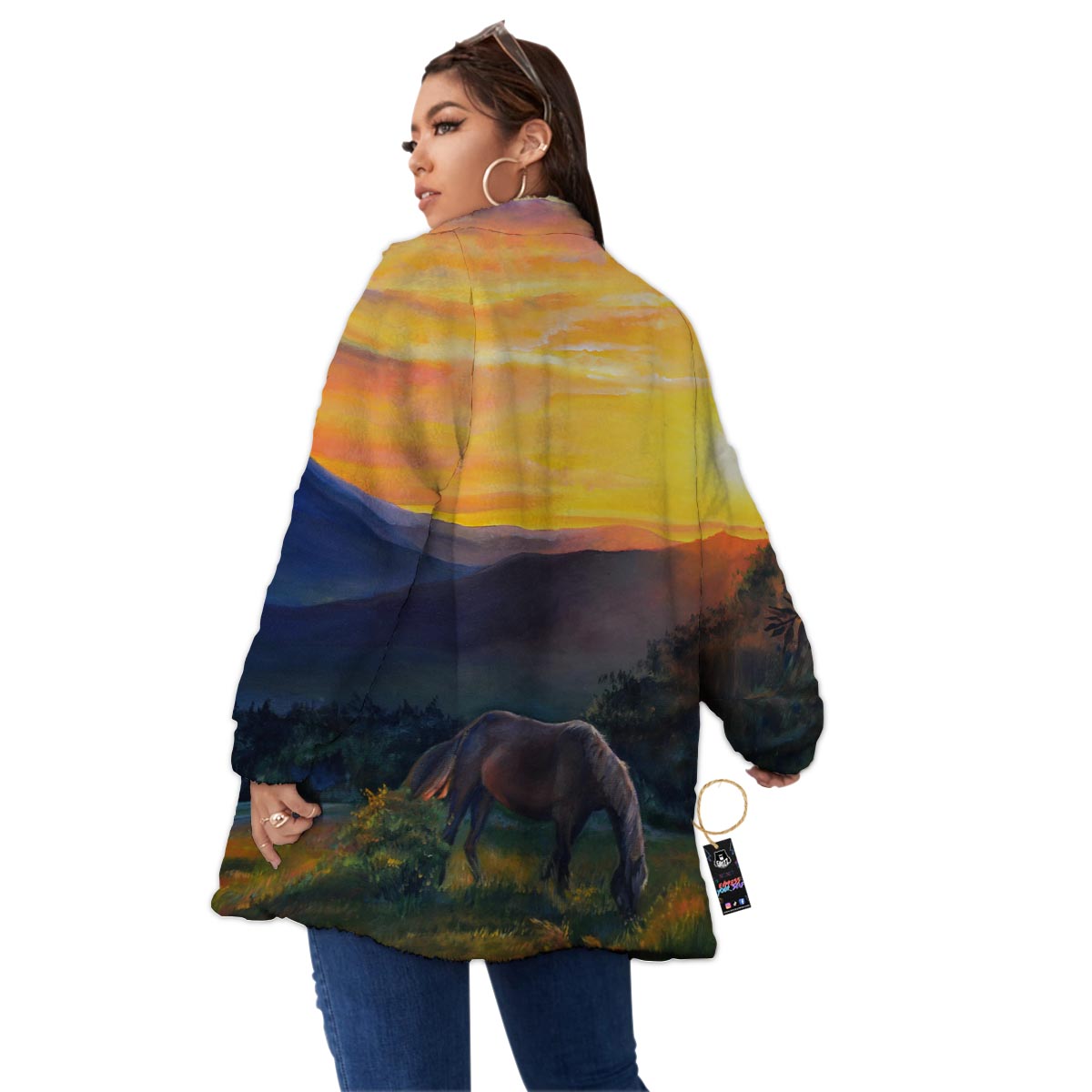 Painting Sunset Horse Print Women's Sherpa Jacket-grizzshop